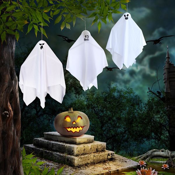 Halloween utomhusdekorationer 3-pack vit spöke, gräsmatta