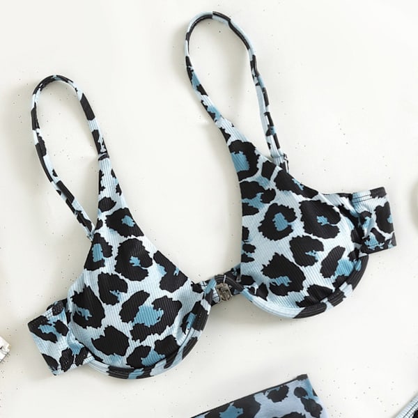 Tredelad kvinnlig printed mjuk väska Bikini knuten dam Sexig baddräkt Strandkläder Perspektiv Populära delade badkläder Blue L