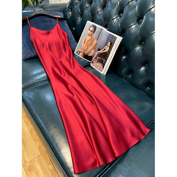 Slipklänning med fransk satin V-ringad enfärgad mode lös Red M