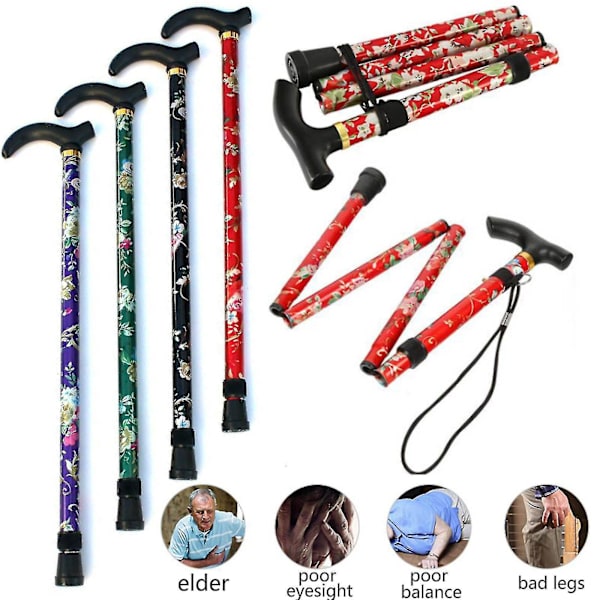 Foldbar stok Justerbar Blomstret vandrestok i aluminium til vandring Camping Holdbar mobilitetshjælp Red