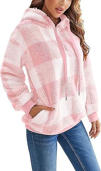 Hoodie i överdimensionerad lammull med fickor, fleecetröja Tie-dye Puffy Coat (rosa och vit rutor) M