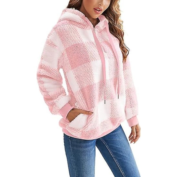 Hoodie i överdimensionerad lammull med fickor, fleecetröja Tie-dye Puffy Coat (rosa och vit rutor) S