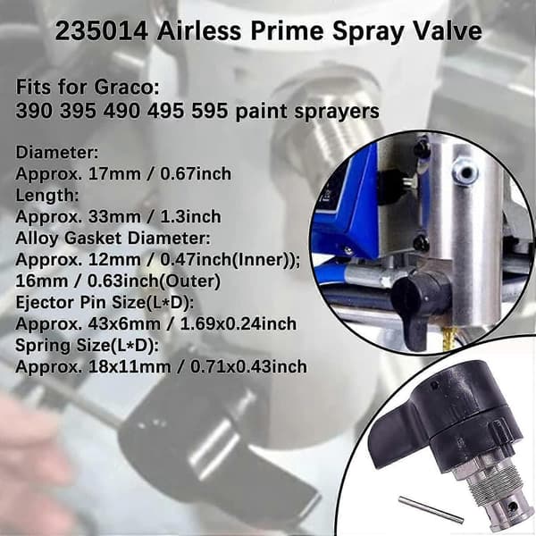 235014 Airless Prime Spray Valve Avløpsventil Erstatning for Graco 390 395 490 495 595