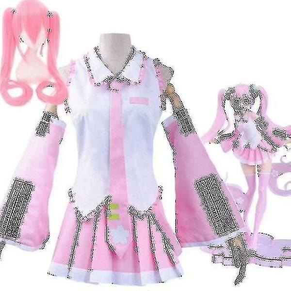 Kawaii Vocaloid Miku Peruk Kostym Japan Midi-klänning Nybörjare Framtid Kvinnlig Halloween-flickaduk Pink set and Wig