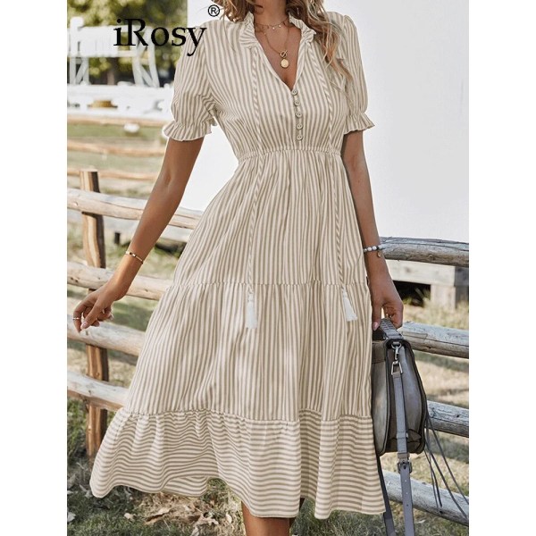 Randig, kortärmad, hög midja midiklänning för kvinnor med strängar Chic och elegant A-linjeklänning för damer sommarkläder för kvinnor bluestriped S