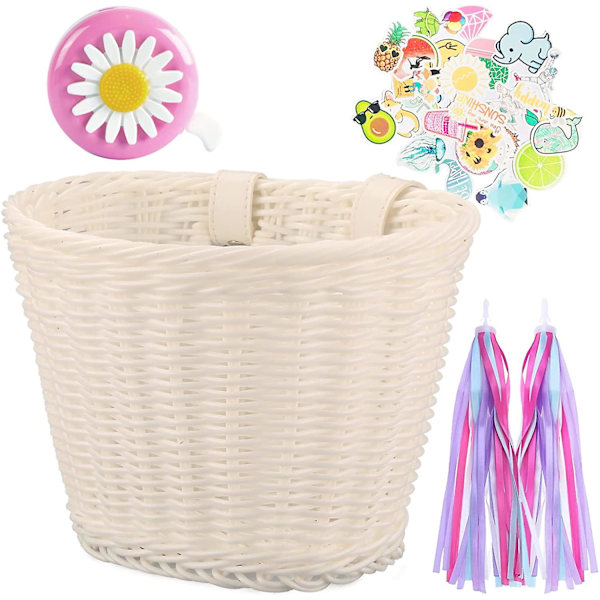 Barn Cykelkorg Fram Vävd Wicker Cykelkorg Med Styre Streamers White