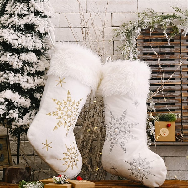 Imitation Pearls Snowflake Print Weihnachtsstrumpf Kreative Silber