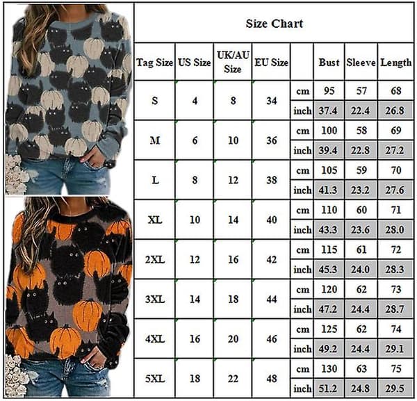 Halloween Gresskar Kattetrykk Langermet genser Pullover 2XL Orange