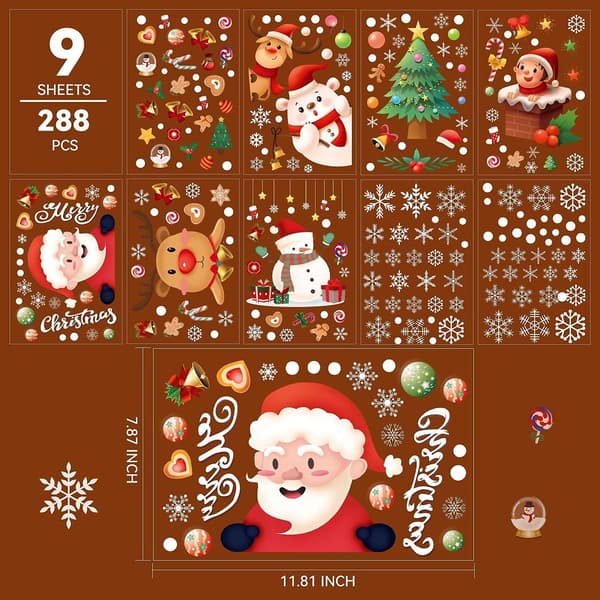Christmas Window Clings Santa Snowflake Snowman Elk (242PCS)