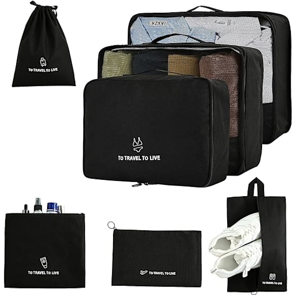 7 set packningskuber Resbagageorganisatorer med tvättväska, skoväska och toitetrybag, lätt bagage för bärväska