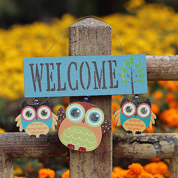Owl Welcome Hängande träskylt ytterdörrdekor (blå) Blue