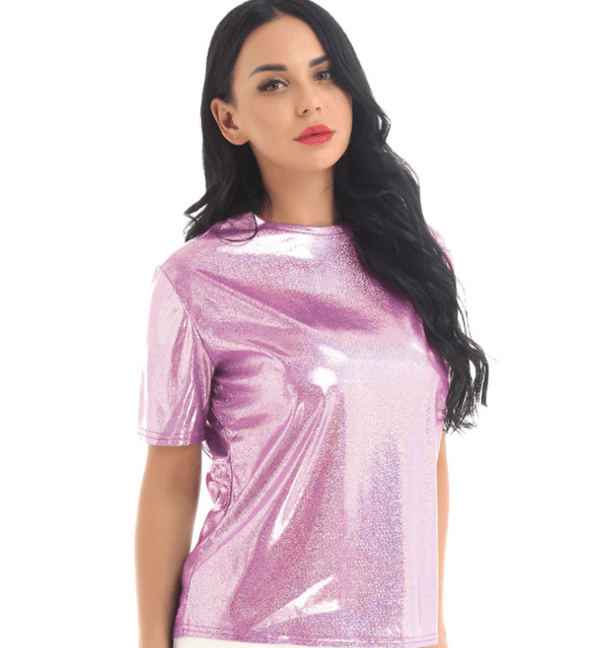 Dam T-shirts Metallic Top Crewneck glänsande T-shirts silver L