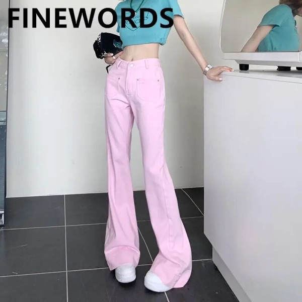 FINORD Retro jusrosa Bell Bottom Jeans Dam Med Pocket Streetwear Hög midja Baggy Jeans ösa koreanska Flare jeansbyxor Pink L