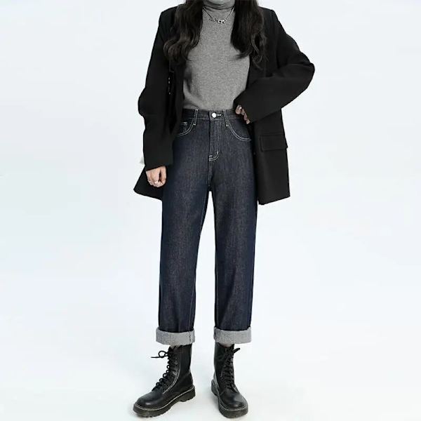 FINORD Korkea vyötärö Rento Beige Baggy Farkut Naiset Korealaiset syysfarkut Streetwear Harajuku Vintage Talvi Suorat farkut Blue XL