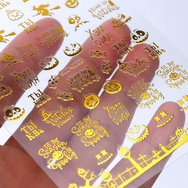 3D Halloween Nail Art Stickers til kvinder Guld selvklæbende negle