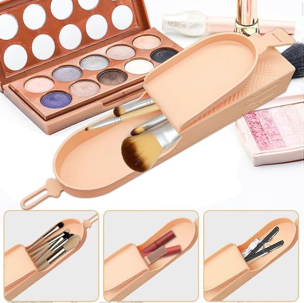 Rejse Makeup Børsteholder Organizer, Silikone Makeup Børsteholder Makeup Børstetaske Etui Organizer, Rejse Essentials til Kvinder (Abrikos)