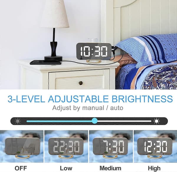 Digitalt vækkeur, 6 tommer spejl LED-ur, digital dobbelt USB-oplader