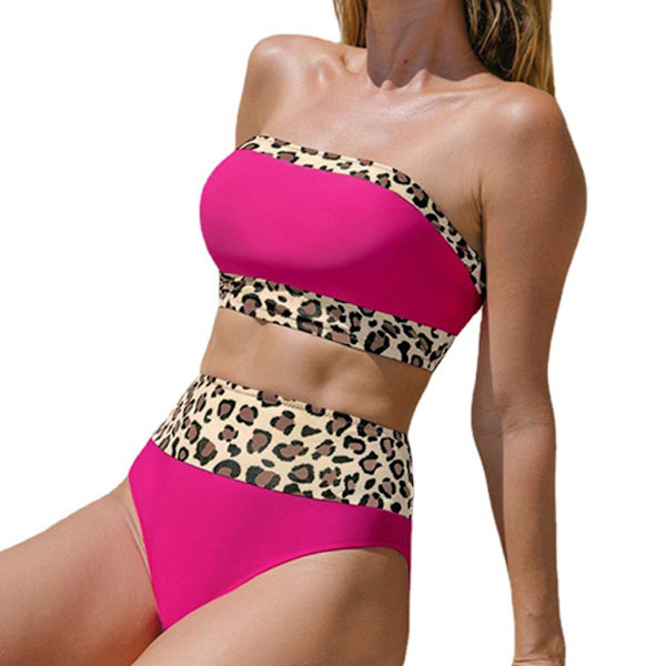Dampatchwork eoparbaddräkt Tvådelad baddräkt Magkontroll Baddräkt med hög midja Bikinis för semesterstrand Rose Red L