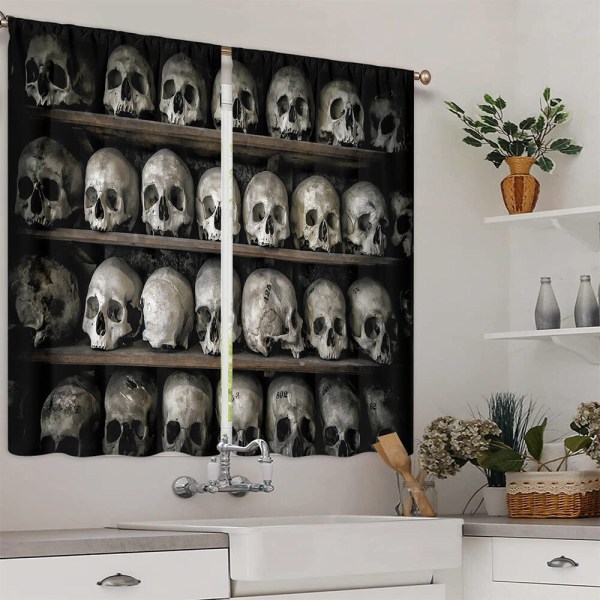 Köksgardiner Skull Halloween Topper Kort Panel Dekor Draperier Style-6 W:28"x H:47"*2 Panels