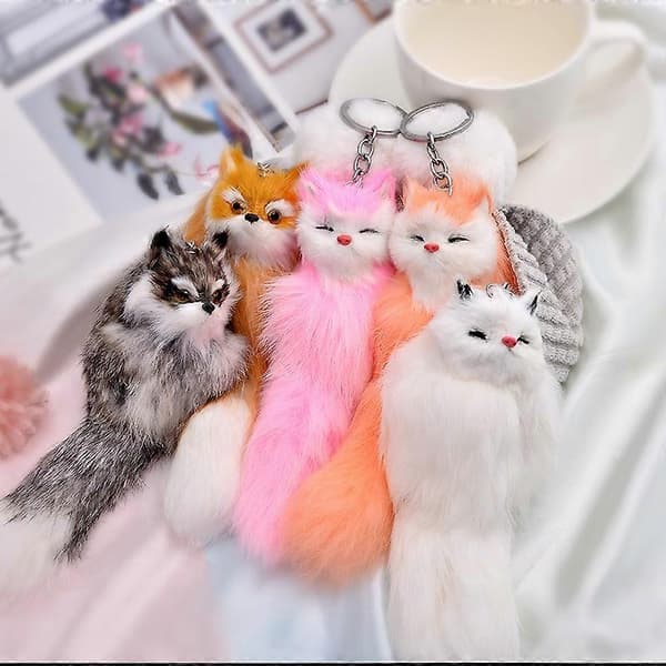 5 st Nya Söta Fluffiga Nyckelringar med Räv i Konstpäls Pompon