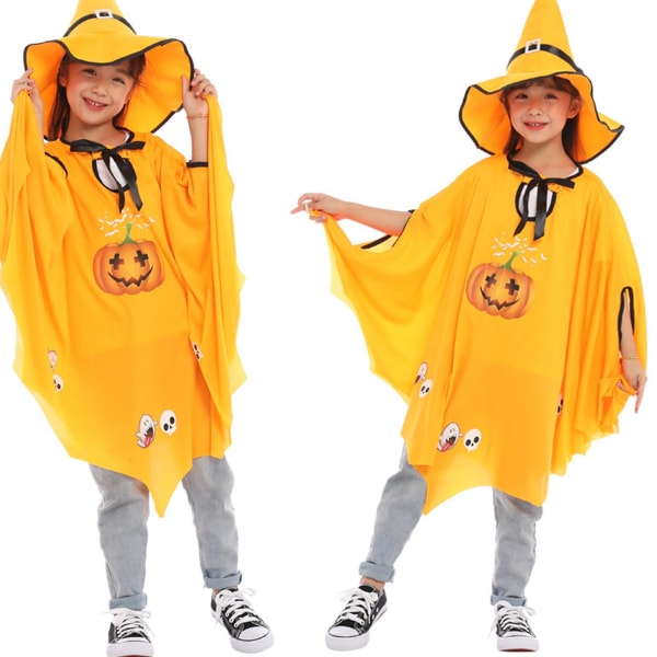 1 Set Barn Halloween Kostym Cape Hat Set Pumpa Print Häxa spetsig hatt Bating ärm Snörning Justerbar Cosplay Rollspel Lösa Barn Hal Yellow One Size