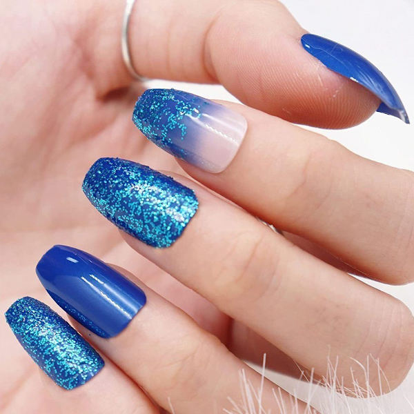 Medium Coffin Nails, Blue Gradient Nails Glitter Fake Nails