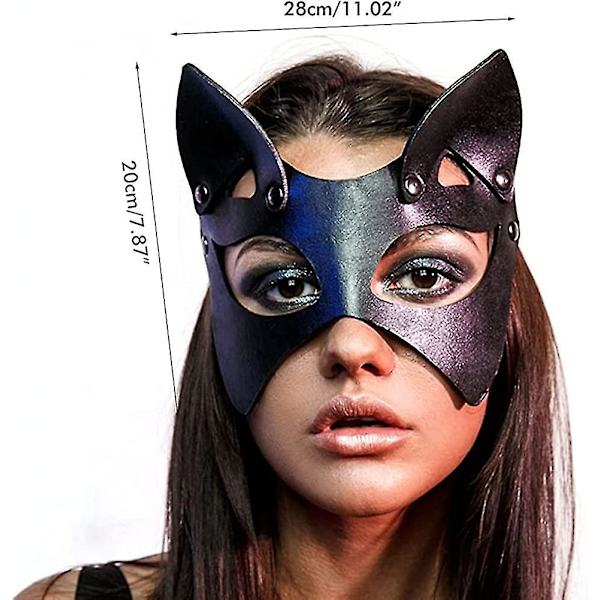 Sexet Katte Maske I Pu Læder Med Katteører - Halv Cosplay Maske - Sort Katte Maske Til Karneval, Maskerade, Halloween