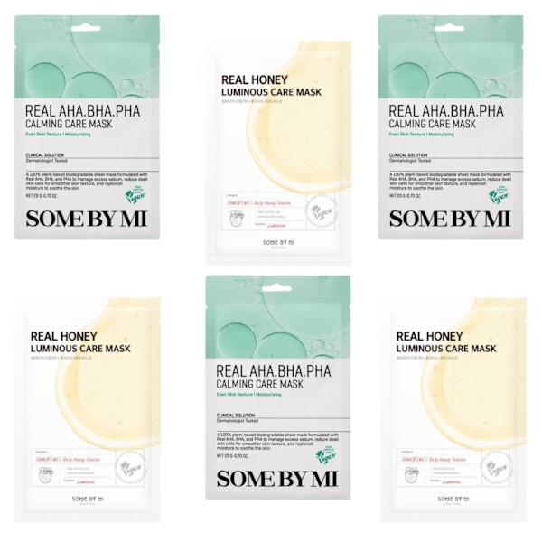 Set med 6 sheet masks Some By Mi 6 x 20 g: Real Aha Bha Pha Calming Care Mask x3 + Real Honey Luminous Care Mask x3 120