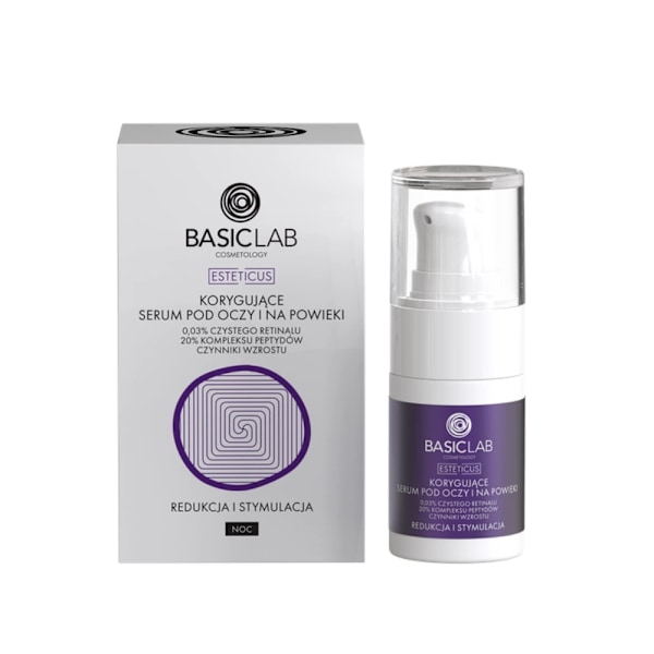 BASICLAB Korygujące serum pod oczy z retinalem 0,03%, 20% kompleksem peptydów i czynnikami wzrostu, Redukcja i Stymulacja, 15 ml 15