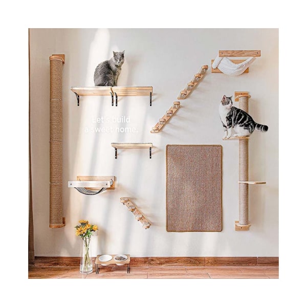 Vänster väggmonterad kattklätterhylla med juteskrapa