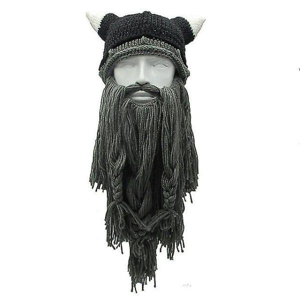 Barbarian Vagabond män Viking Skägg Beanie Horn Hat Handgjord Vinter Varm födelsedag Funny Gag Halloween Cap Julklappar Dark Gray