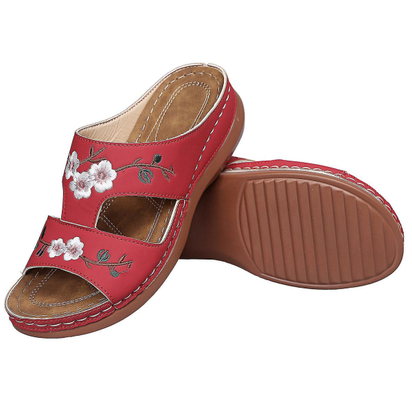 Ortopediska Bloom-skor för kvinnor, öppna tåsandaletter, damplattformsslippers, sommarstrand, mjuk gummisula Red 41
