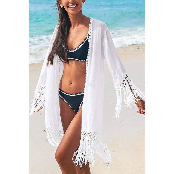 Dam tofs Lång Kimono Cardigans Beach Baddräkt Bikini Cover Up Vit