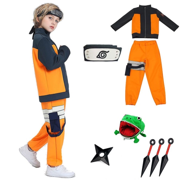 Barn Uzumaki Akatsuki Cosplay Pojkar Flickor Uzumaki Jacka Byxor Pannband Groda Plånbok Barnuniform Kunai Halloween kostym D_y 3-piece set S