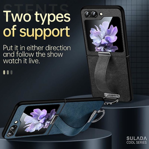 Z Flip 5 Case, tunt Pu Läder Ring Stand Case För Samsung Galaxy Z Flip 5 Med handremshållare Blue