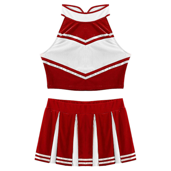 Kvinnor Vuxna Cheerleader Uniform Performance Outfit Japansk Skolflicka Cosplay Kostym Ärmlös Crop Top Mini plisserad kjol Red A M