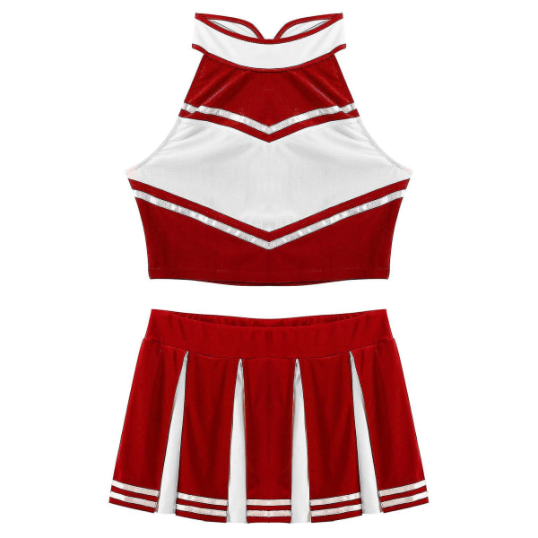 Kvinnor Vuxna Cheerleader Uniform Performance Outfit Japansk Skolflicka Cosplay Kostym Ärmlös Crop Top Mini plisserad kjol Wine Red A L