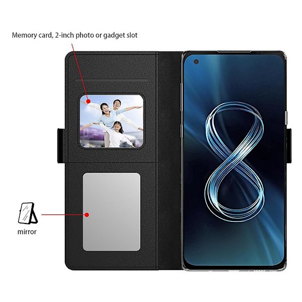 För Asus Rog Phone 5 Spegelfunktion Magnetisk stängning Pu Läder Phone case Folio Flip Stand Korthållare Cover Black