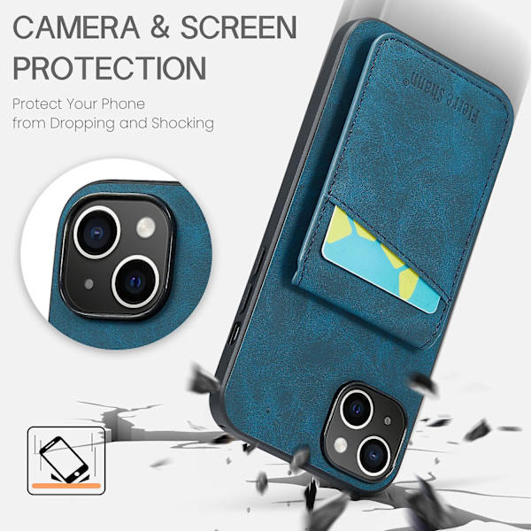 FIERRE SHANN Korthållare Phone case för iPhone 13 RFID Blocking PU Läder+TPU Kickstand Cover Blue