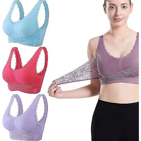 3 st Tourmaline Shaping & Kraftfull Lifting BH, Tourmaline Shaping Wireless BH, Front Cross Side Spänne Spets Lifting BH bean paste-red-purple XL