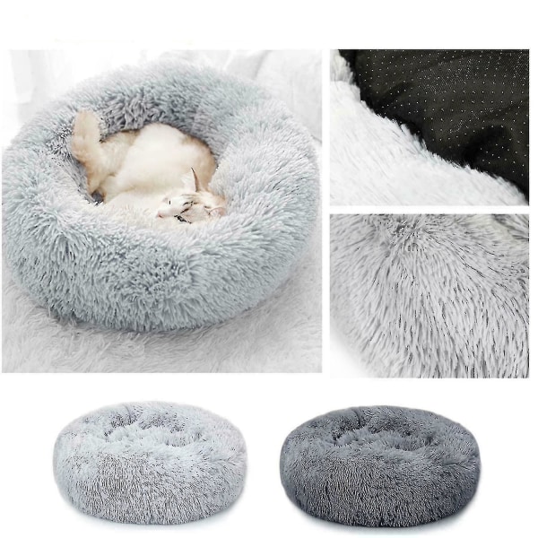 Tvättbar Lugnande Bekväm Donut Style Plysch Katt- eller Hundsäng Light Grey M