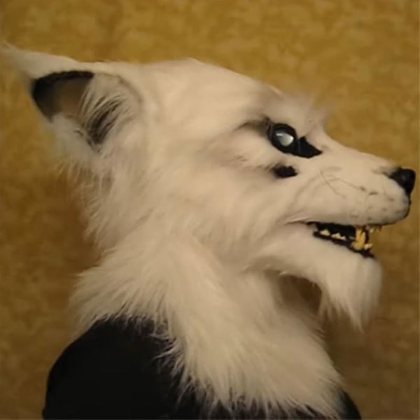 Werewolf Face Cover Glödande ögon Rörliga öron och käkar för Halloween Cosplay Party White