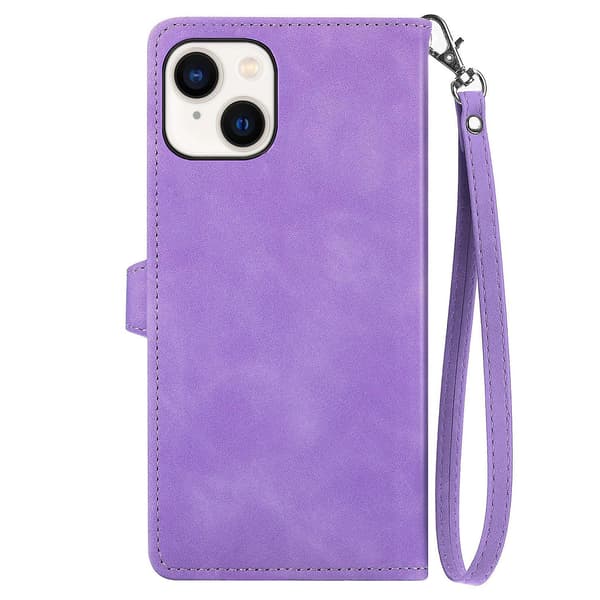 Case för iPhone 15 med präglad blomblixtlås Purple