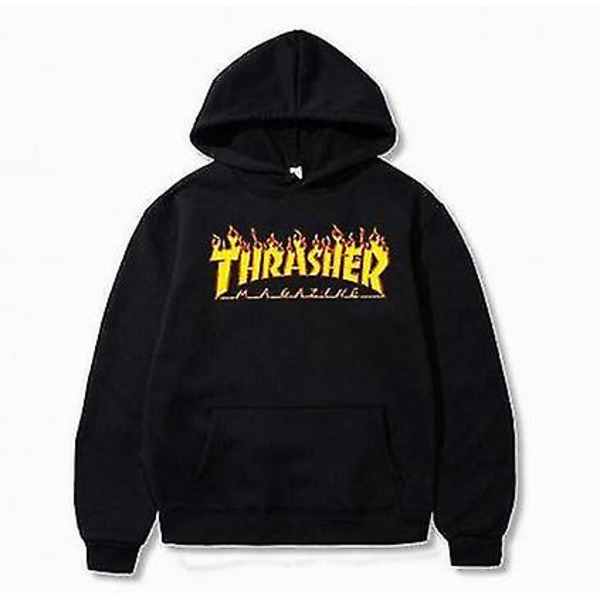 Unisex Thrasher Hoodie Letter Printed Sweatshirt Dragsko Huva med ficka black 1 XL