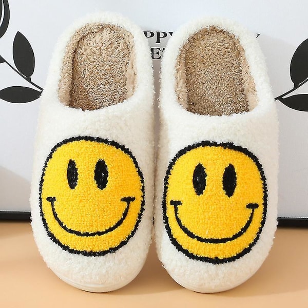 Retro leende ansikte Mjuk plysch Bekväm Varm Slip-on tofflor för par Vinter Varm inomhustillbehör White 39-40