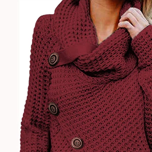 Vinter Lös Turtleneck Tröja Långärmad Knapp Casual Pullover För Kvinnor Red S