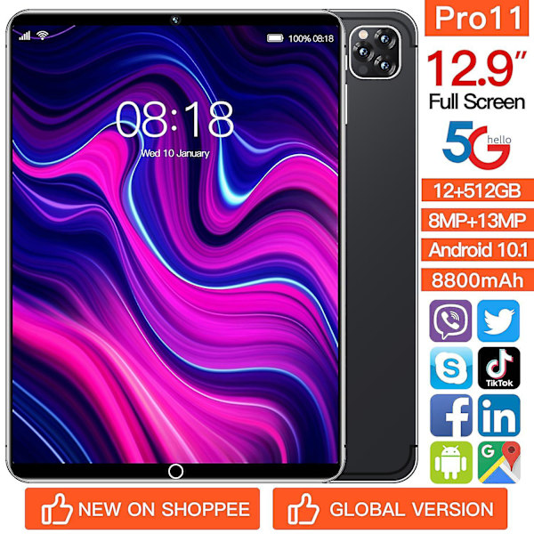 Pro11 12gbram + 512gbrom 12,9 tum Android OS 12.0 Black