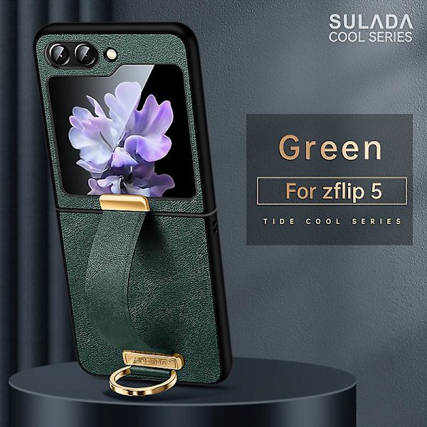 Z Flip 5 Case, tunt Pu Läder Ring Stand Case För Samsung Galaxy Z Flip 5 Med handremshållare Green