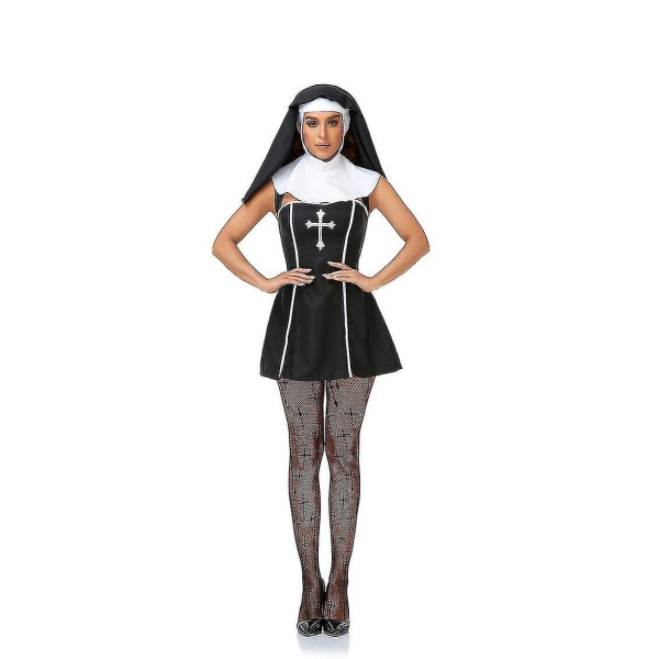 Sexiga nunnakostymer Vuxna kvinnor Halloweenfest Cosplay Dålig vana Nunnadräkt Kyrka Religiös syster Prydnadsklänning med svart huva-i M