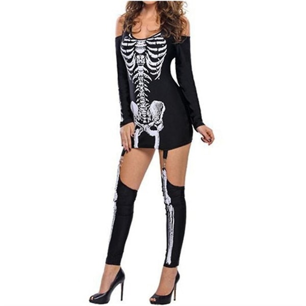 Halloween Party Kvinnor Skeleton Cosplay Fancy Dress Off The Shoulder Klänning med strumpor Outfit Set Presenter M